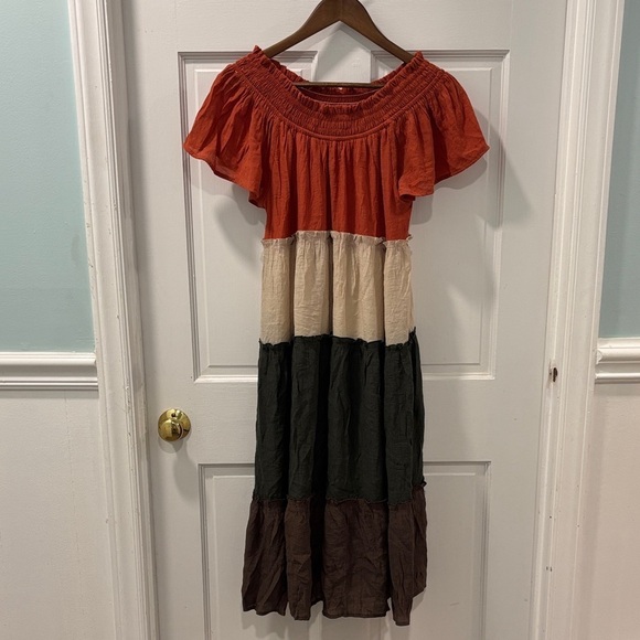 Umgee Dresses & Skirts - Umgee Colorblock Boho Tiered On/Off Shoulder Peasant Midi Dress Fall Colors Sz M